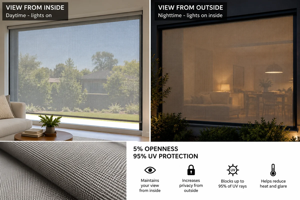 Illustration comparing a daytime view from inside and a night-time view from outside through sunscreen roller blinds, with 5% fabric openness and 95% UV protection.