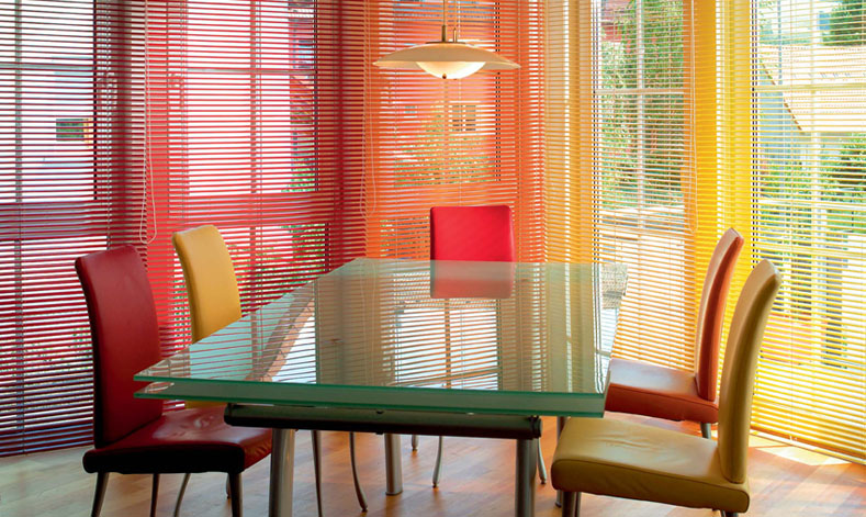 colourful venetian blinds in dining room