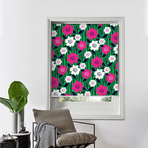 roller blind designer print on bedroom window colour daisy