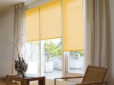 yellow roller blinds with curtains in living room