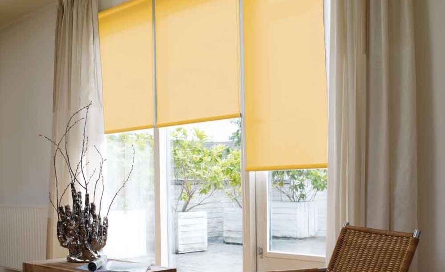 yellow roller blinds with curtains in living room