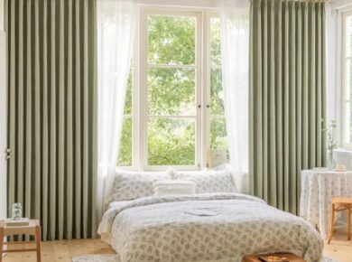 green blackout curtains in bedroom