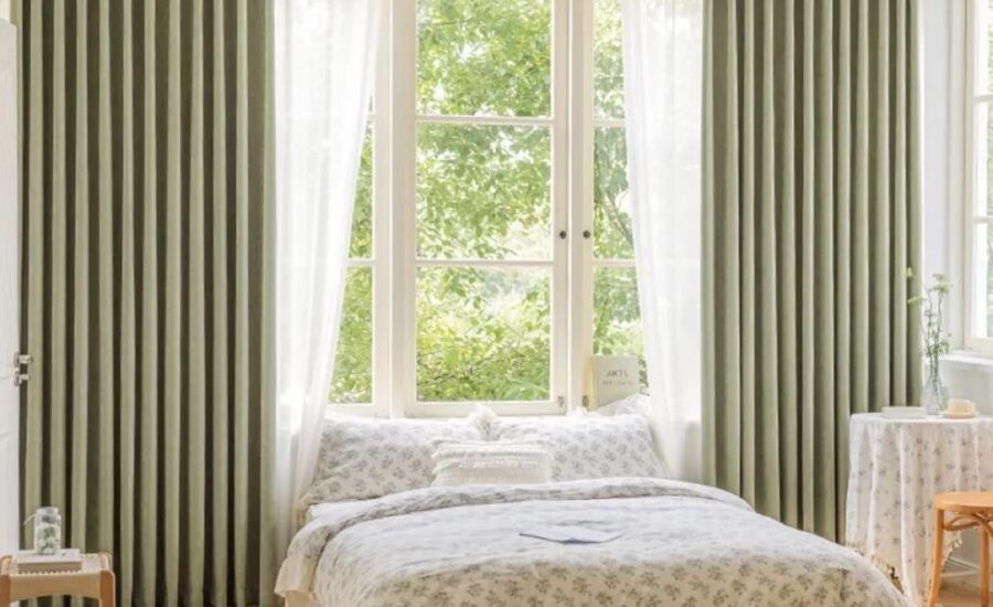 green blackout curtains in bedroom