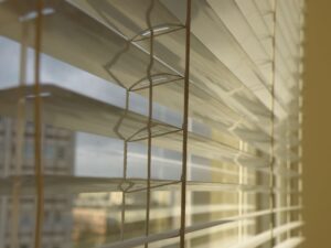 Aluminium venetian blind closeup view of building outside