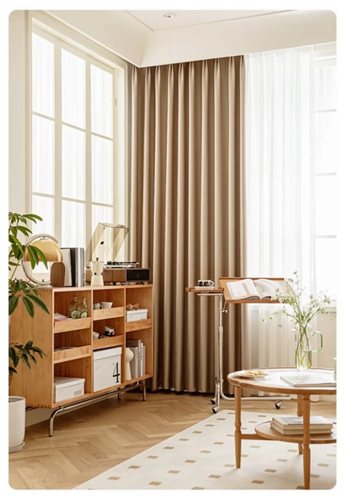 beige curtain on corner window of living office space