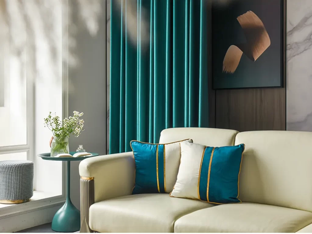 green curtain matching pillows on cream sofa