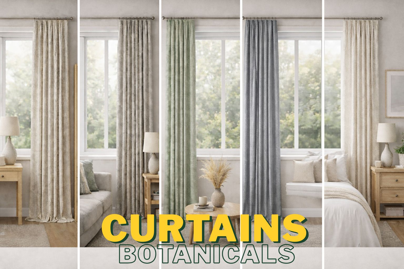 whisper Fern botanical curtains collection displayed in modern living room and bedroom interiors.