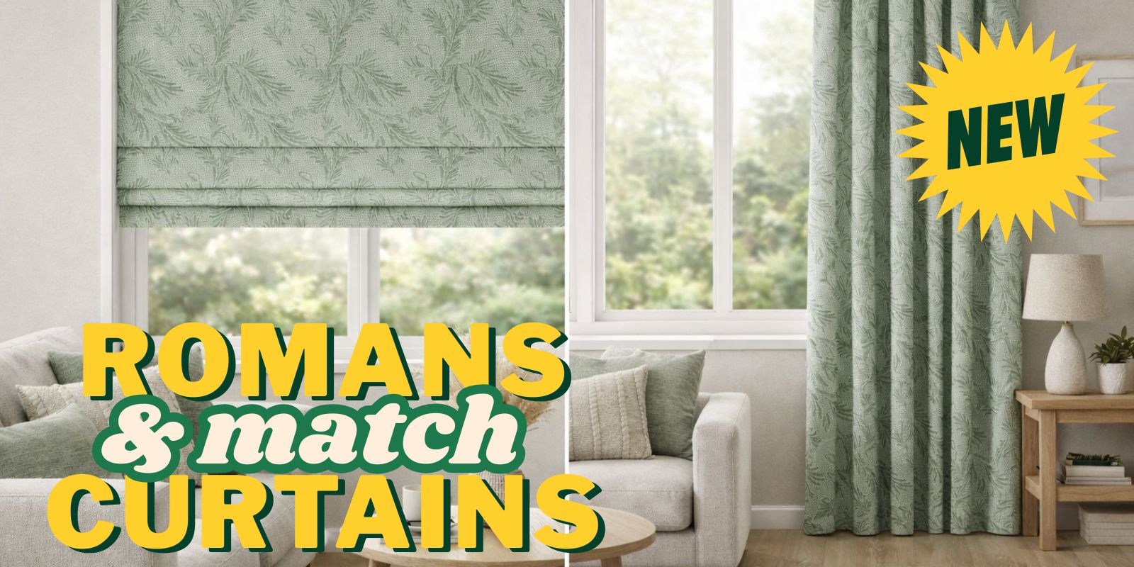 New Whisper Fern Roman blinds and curtains in Olive Grove styled in a contemporary lounge.