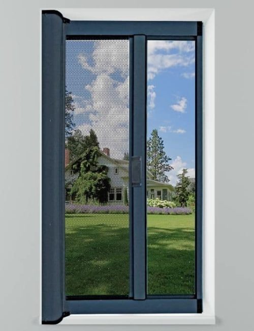 retractable insect screen window half open with garden view